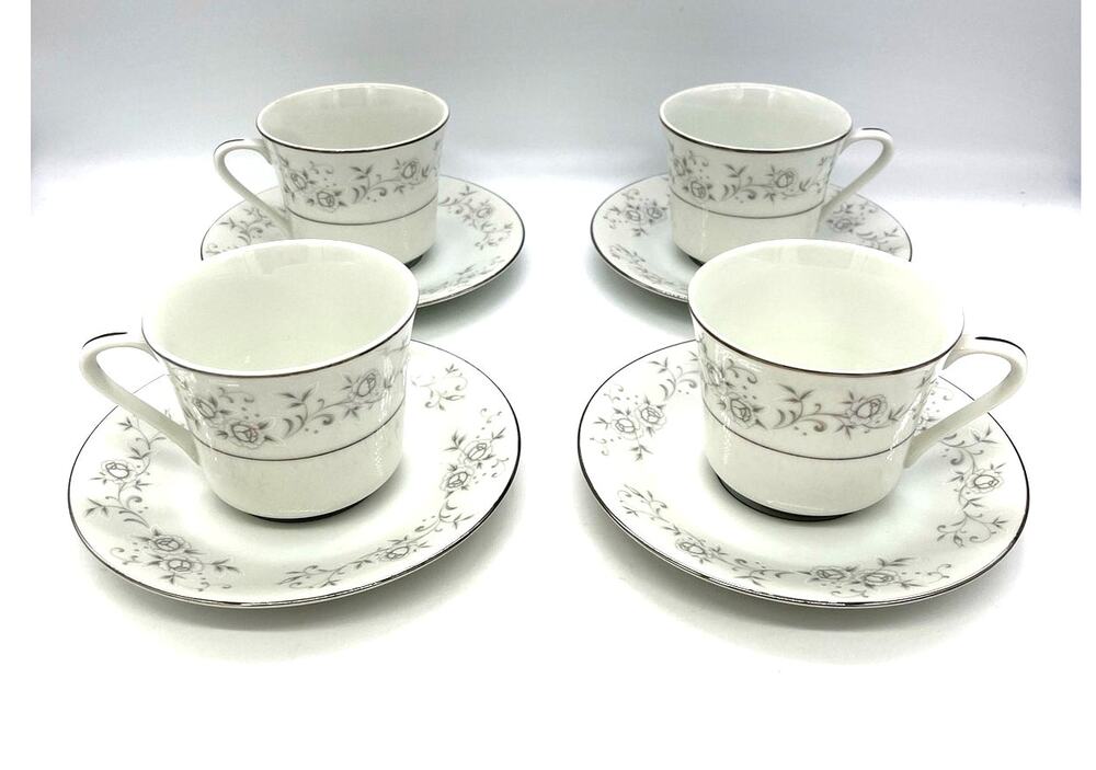 Vintage Platinum Rose Fine China Set of 4 Cups & Saucers Made in Japan